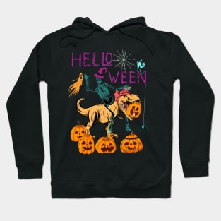 Skeleton Riding Dinosaur Messy Bun Halloween Hoodie